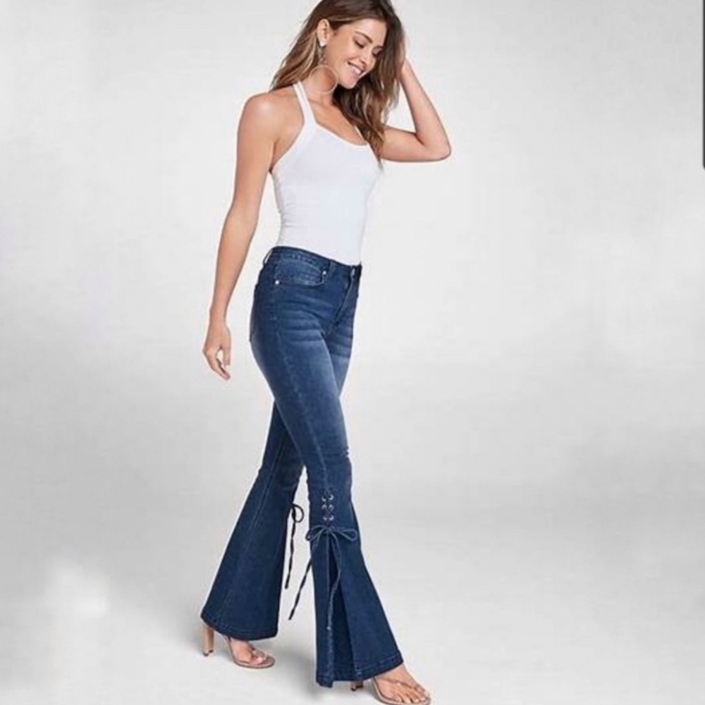 Venus Lace-Up Flare Jeans Size 4 Stretch Denim Y211393